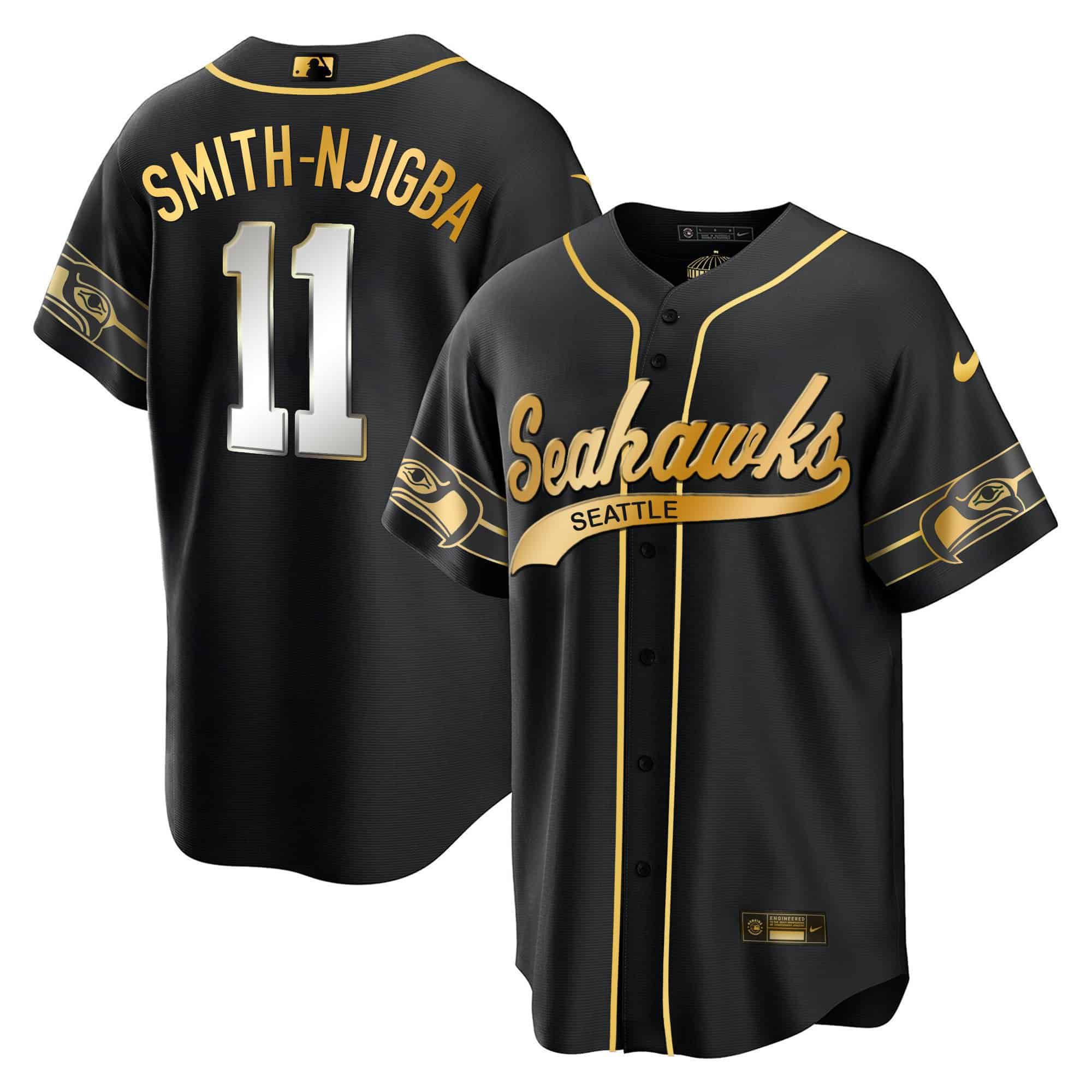 Men Seattle Seahawks 11 Smith-Njigba Black 2024 Nike Throwback Gold Cool Base NFL Jersey